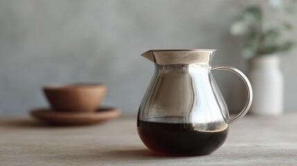 Glass pitcher with a handle on a wooden table. the pitcher is filled with dark liquid, which appears to be coffee or tea. next to the pitcher, there is a small terracotta cup and saucer.