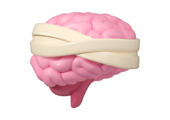 Brain wrapped in bandage isolated on transparent background, mental health concept