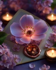 Delicate pink flower with candles and petals.
