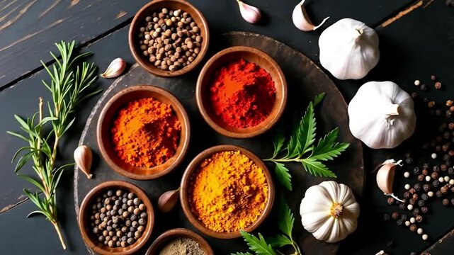 A variety of spices arranged in wooden bowls on a dark wooden surface. Includes turmeric, paprika, and black pepper, alongside garlic and herbs.