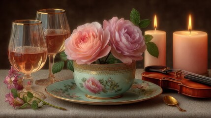 Elegant setup featuring roses and wine.