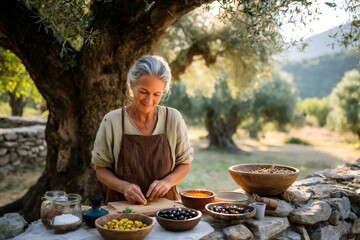 Senior woman preparing healthy food in olive grove