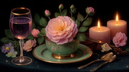 Elegant table setting with flowers and candles.