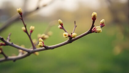 A close up of a tree branch with small buds against a blurred green and brown background outdoors nature