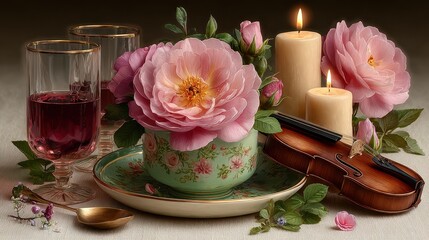 Elegant setup with flowers and candles.