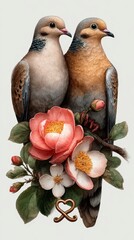 Two birds surrounded by beautiful flowers.