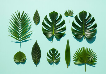 Fototapeta premium A collection of various green tropical leaves arranged in a pleasing pattern on a solid light blue background, showcasing different shapes and textures