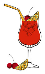 Illustrated cocktail in a glass with lemon and cherry garnish, perfect for a summer refreshment.