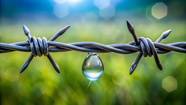 Macro shot of a single clear water droplet hanging from barbed wire fence with blurred green background - Powered by Adobe