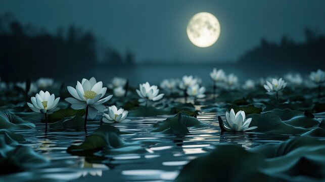 A surreal floral arrangement of lotus flowers fully silhouetted on the surface of water