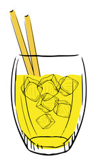 Illustration of a yellow cocktail with ice cubes and straw, perfect for summer parties and celebrations.