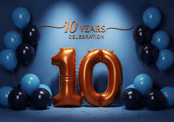 10 Year Celebration with Golden Balloons and Blue Decor