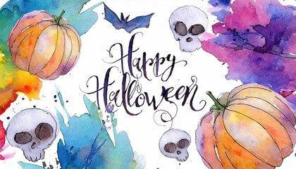 Artistic Watercolor Happy Halloween Background with Pumpkins Skulls and Floral Elements