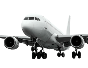 Front view of a white jetliner with landing gear down