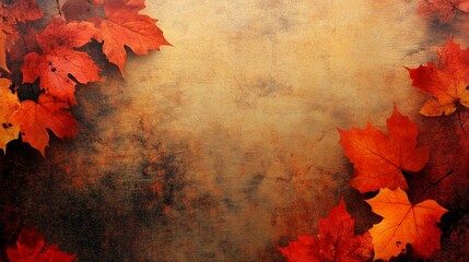 Vibrant Red and Orange Maple Leaves Border on a Warm, Grunge Textured Background