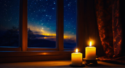 Two candles glowing by the window under starry night. Warm candlelight shining through a quiet evening. Peaceful night view with candles and starry sky. Illustration of a romantic candlelight scene.