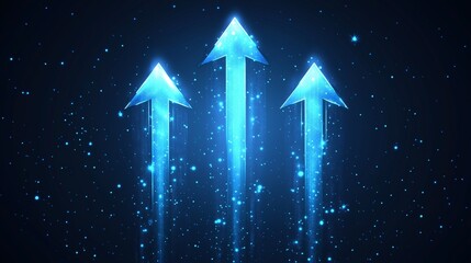 Three Glowing Blue Arrows Pointing Upward with Trails of Digital Sparkles on a Dark Background