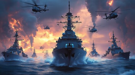Powerful Naval Fleet of Warships and Attack Helicopters Navigating Rough Seas at Sunset
