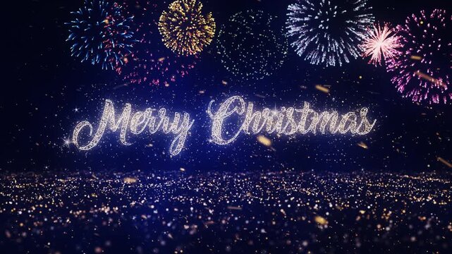 Merry Christmas text with particles base and fireworks background