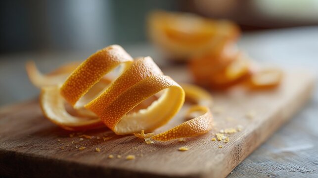 Wooden cutting board with several orange peels scattered on it. the peels are bright orange in color and appear to be freshly peeled.