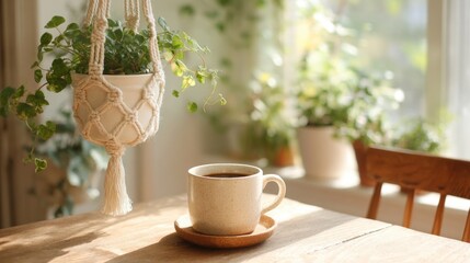 Wooden table with a white macrame hanging planter on it. the planter is made of white yarn and has a tassel hanging from the top. next to the planter, there is a white ceramic mug with a saucer.
