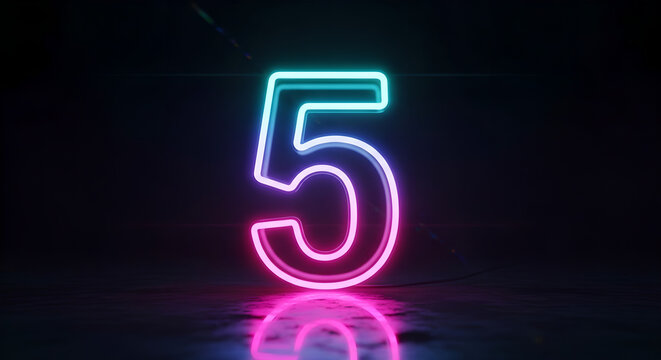 Number Five Neon Blue Pink Glowing Retro Copy Space - Powered by Adobe