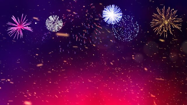 Fireworks with glowing twirly snowflakes background seamlessly loopable	