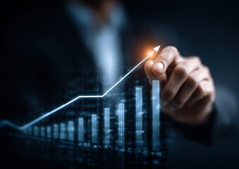 Business Growth Chart: A Hand Touching a Rising Bar Graph, Symbolizing Financial Increase, Strategic Planning, and the Pursuit of Success in Investment Management