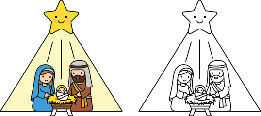 Cute Holy Family Nativity Scene with Guiding Star of Bethlehem Christmas Religion Vector for Coloring Book