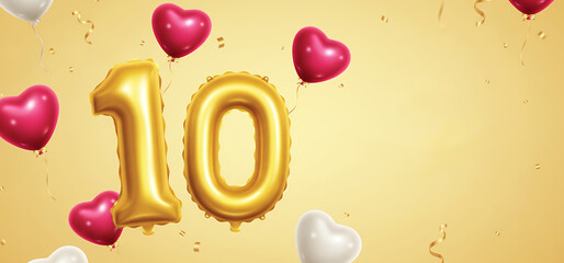 Golden 10th Anniversary Celebration with Heart Balloons and Confetti