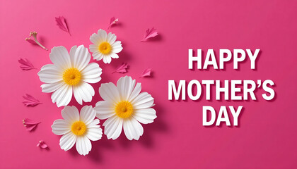 Bright, cheerful Mother's Day greeting with large white daisy flowers and scattered pink petals against a vibrant magenta background, featuring bold white typography, 