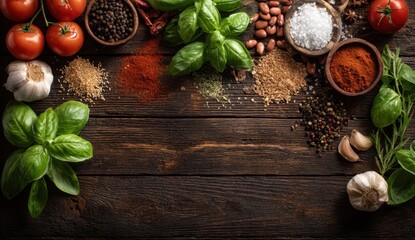 Fresh herbs spices and vegetables arranged on rustic wooden for cooking