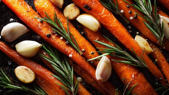An overhead arrangement of roasted carrots and garlic cloves