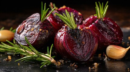 A roasted beets with garlic and rosemary sprigs