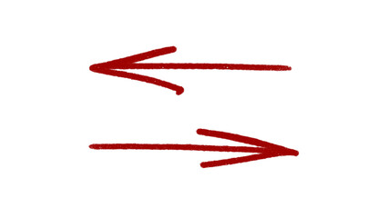 Hand-drawn red marker arrows pointing left and right on transparent background. Thick, bold stroke and visible texture, drawn with a marker or crayon. Directional icons, illustrating movement or flow.