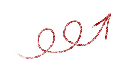 Hand-drawn looping red arrow pointing upwards with crayon texture on transparent background. Growth, increase, progress, or movement. For highlighting trends, direction, presentations and infographics