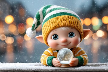 Cute elf character holding snow globe celebrating winter holidays