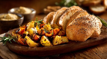 A roasted root platter beside rustic bread, homely setting