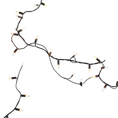 String of warm white fairy lights on black wire with visible bulbs and connectors against a white background.