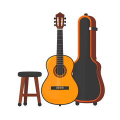 Acoustic Guitar and Case with Wooden Stool Against a White Background with Simple Flat Design Elements