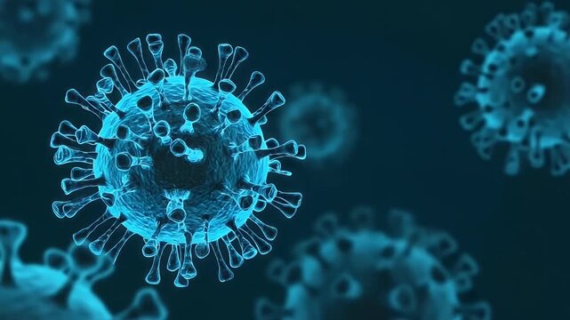 A vivid, digitally rendered animation showcases multiple intricate, glowing blue microscopic organisms, resembling viral or bacterial structures, floating and rotating against a deep blue background. 