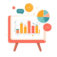 Presentation Board Displaying Colorful Bar Chart and Pie Chart With Floating Bubbles and Graphic Elements
