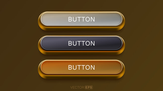 Three elegant, glossy web buttons with golden frames in a modern design.