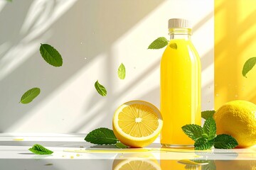 Clean yellow and white layout showing lemon juice bottle and sliced lemon with large copy space for advertising use.