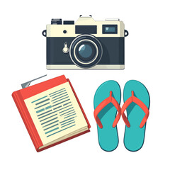 Pixel Art Vintage Camera Clipboard With Document and Flip Flops For Summer Vacation