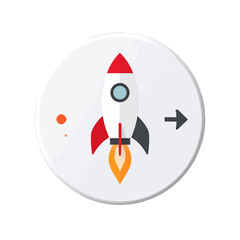Stylized Rocket Ship Launching with Fiery Exhaust and Forward Arrow Against a Light Background with Orange Dot Accent