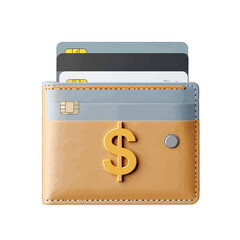 Tan Leather Wallet With Golden Dollar Sign And Credit Cards On White Background