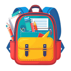 Open Red And Yellow Backpack Filled With School Supplies Including Pencils Pens Notebook And Ruler Against A White Background