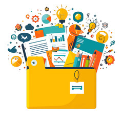 Bright Yellow Folder Filled With Documents Charts And Office Supplies Under A Burst Of Ideas Lightbulbs And Icons Representing Business Concepts