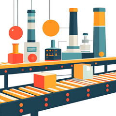Modern Industrial Production Line With Colorful Boxes Moving On Conveyor Belt And Tall Machinery In Background Minimalist Flat Design